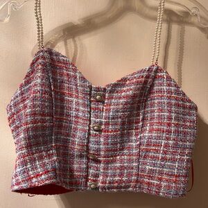 Chic Tweed Crop Top with Pearl Straps